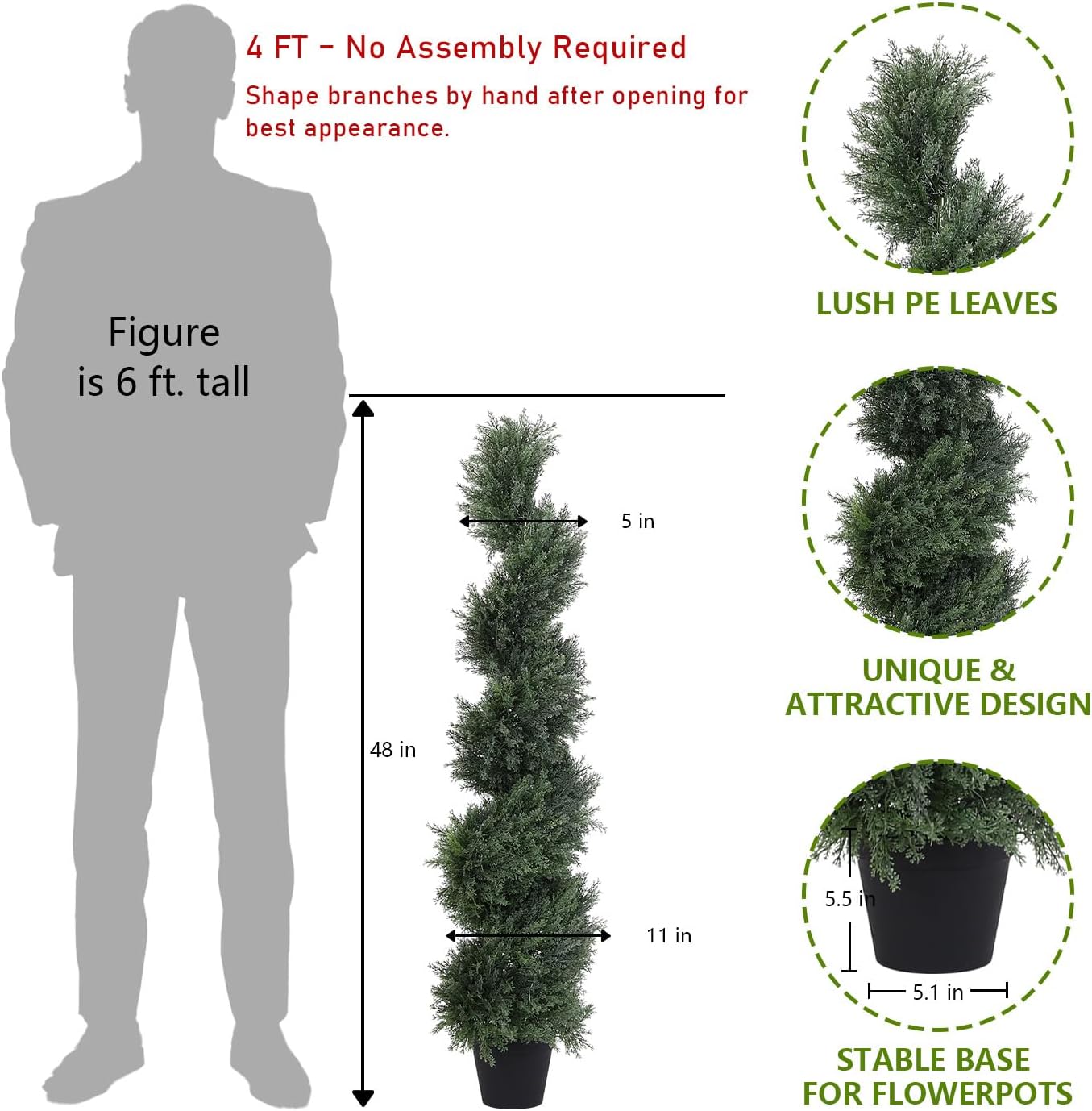 THE BLOOM TIMES 4ft Tall Spiral Artificial Topiary Trees Set of 2, 48 inch Large Faux Cedar Trees for Outdoor Planters, Fake Cypress Plants for Garden Front Porch Indoor Outside Christmas Decor 4 Foot - Image 2