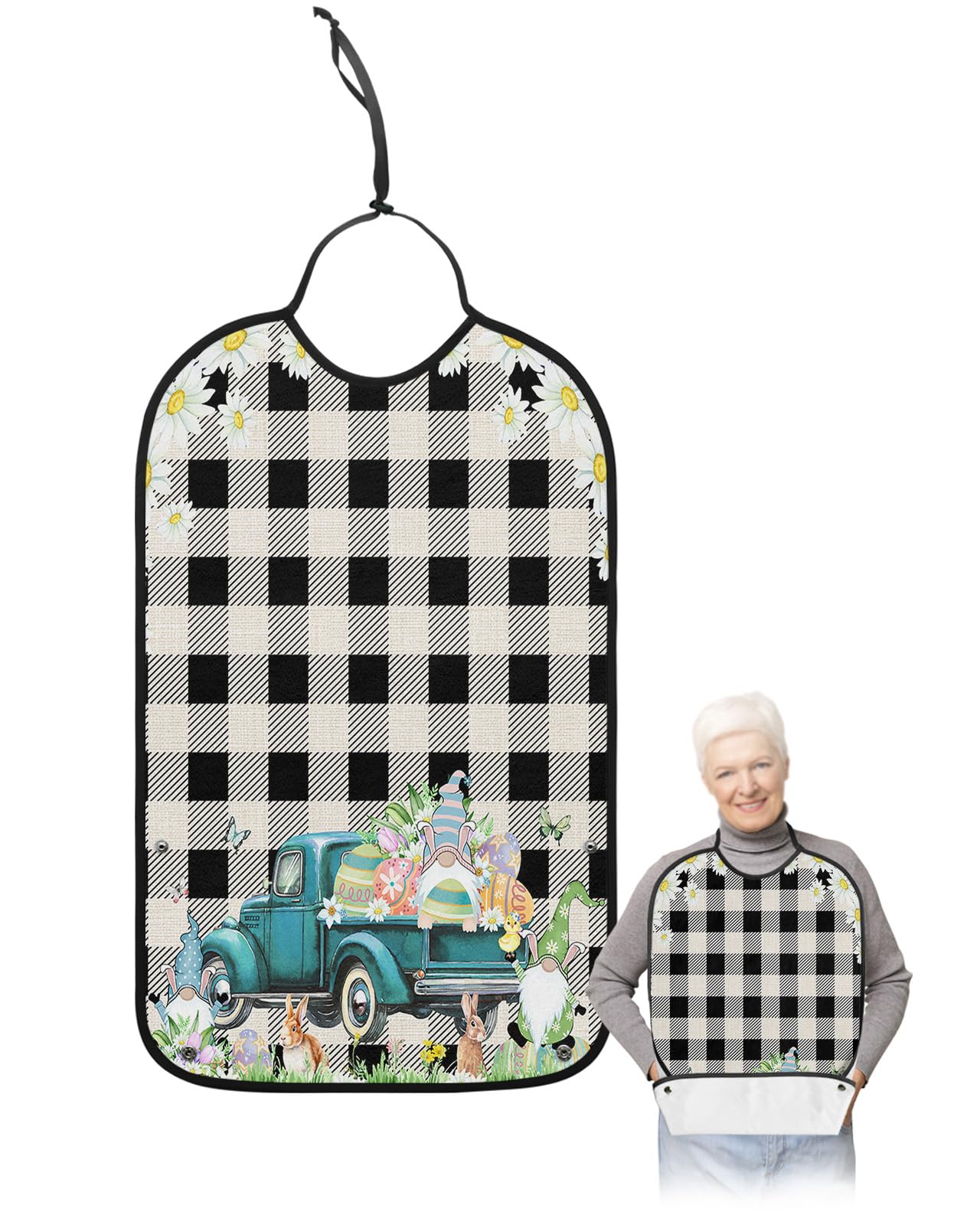 Spring Easter Adult Bibs for Eating, Waterproof Bibs with Food Catcher & Adjustable Snap Closure, Truck Colorful Eggs Bunny Gnomes Black Plaid Clothing Protectors Adult Bibs for Elderly Women/Men