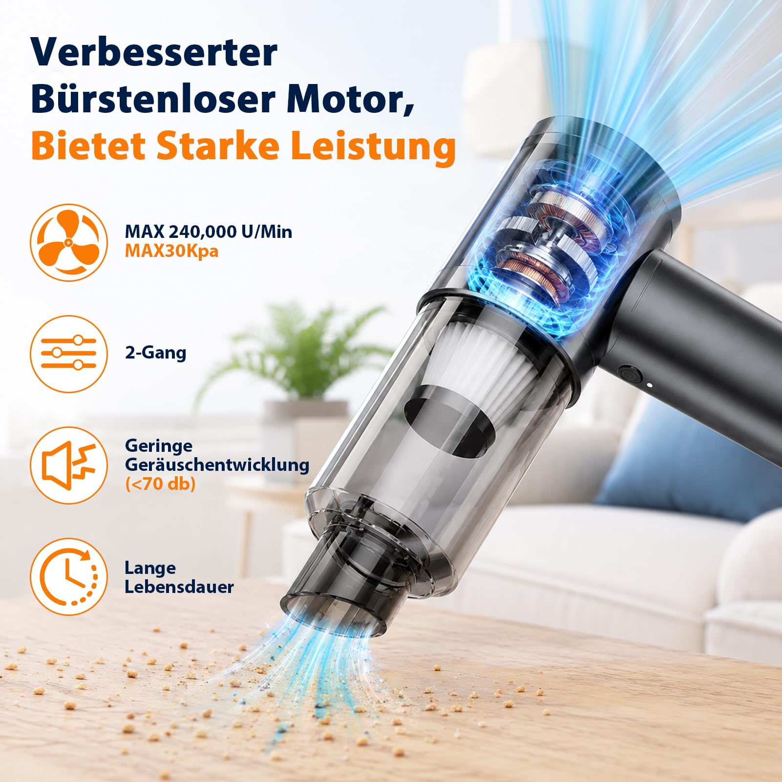 Handstaubsauger Akku Kabellos 30kPa - Mini Auto Staubsauger mit Bürstenloser Motor Stark Autostaubsauger Handsauger für Autos, Büros, Schlafzimmer, Küche, Wohnzimmer Haus& Tierhaar Reinigung