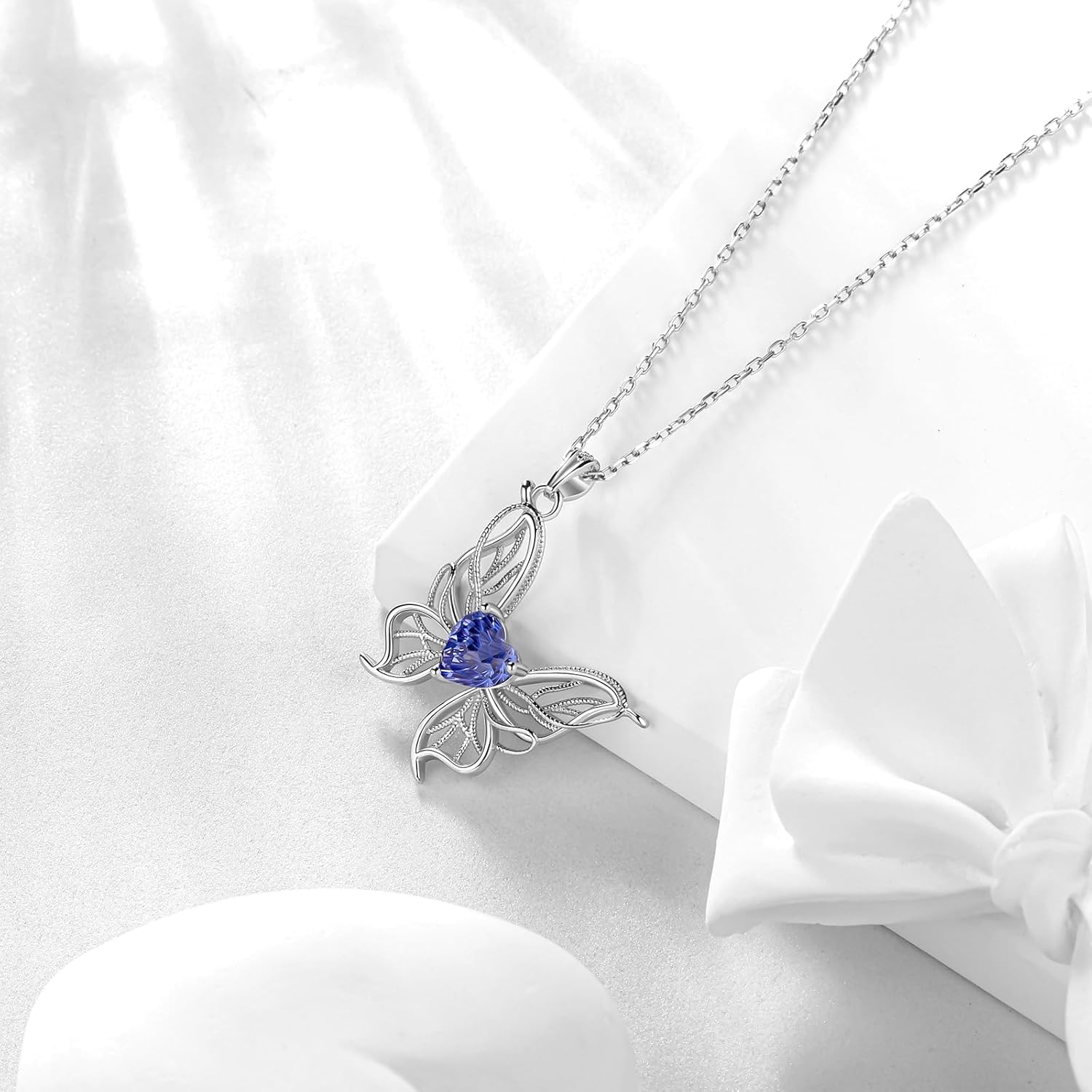 Filigree Butterfly Birthstone Pendant Necklace - 925 Sterling Silver Firework-Cut Heart Cubic Zirconia Twine Butterfly Necklace Anniversary Birthday Jewelry Gift for Women Wife Mom Daughter - Image 3