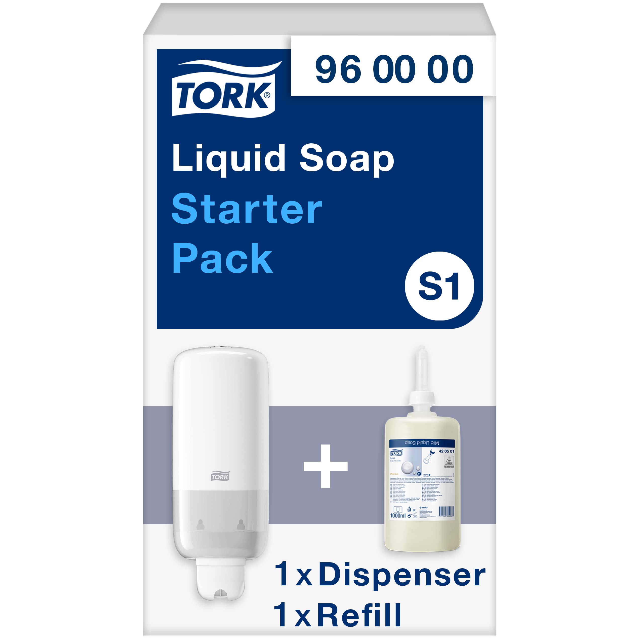 Tork Starter Pack mit Flüssig- und Sprayseifen Seifenspender Wandmontage Weiß S1/S11, sparsam, Seifenspender Wandmontage und 1 נNachfüllpackung mit 1.000 ml milder Flüssigseife, 960000
