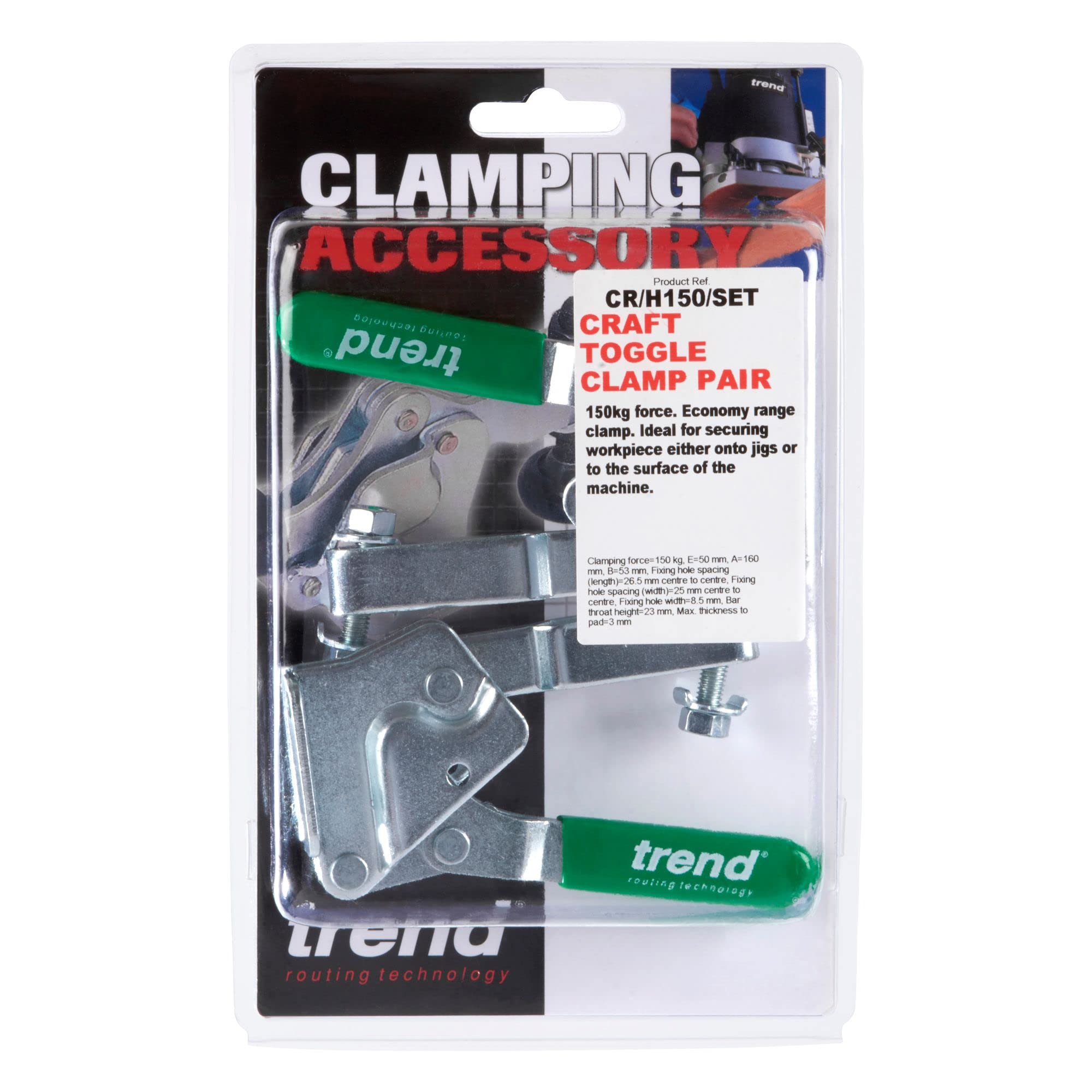 Trend Horizontal Toggle Clamps Twin Pack, 150kg Clamping Force Each, 50mm Clamping Span, Adjustable Rubber Pads - Image 2