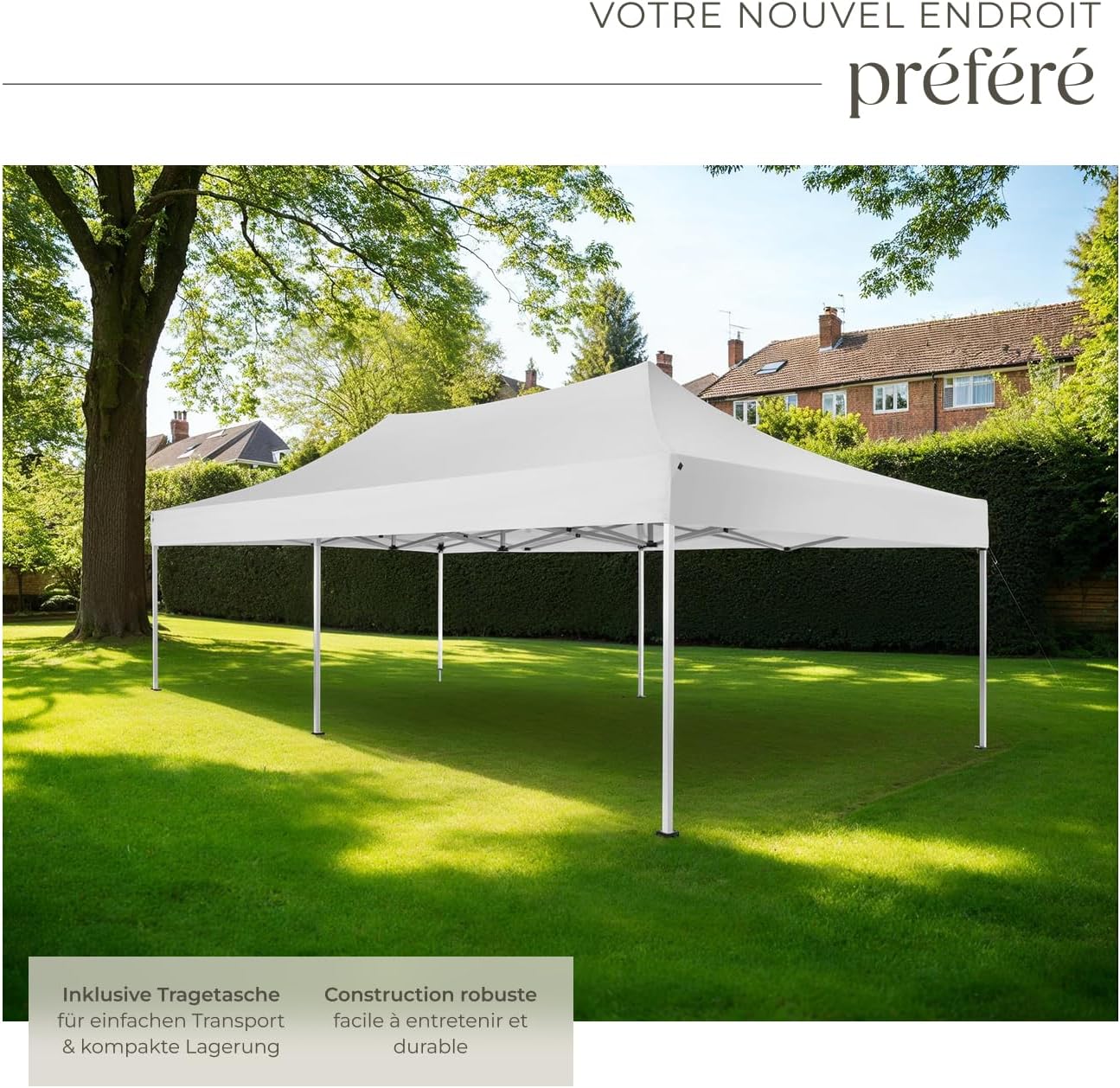 A white tectake garden gazebo without side panels, set up on a green lawn in a residential area.
