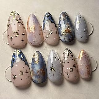 Press on Nails Almond Shaped Medium Length Artificial Acrylic French 3D Frosted Stars Moon Cat's Eye with Wave Stick on Nails Full Cover Reusable Coffin False Nail for Women Supplies 24Pcs