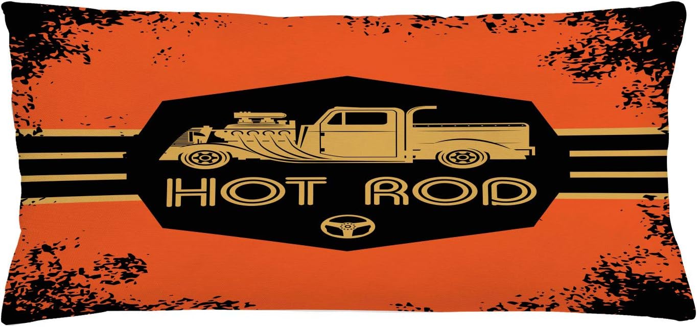 Ambesonne Retro Throw Pillow Cushion Cover, Hot Rod Grunge Poster Design Custom Truck Americana Vintage Engine, Decorative Rectangle Accent Pillow Case, 36" X 16", Orange Black Sand Brown 36" x 16" Orange Black Sand Brown