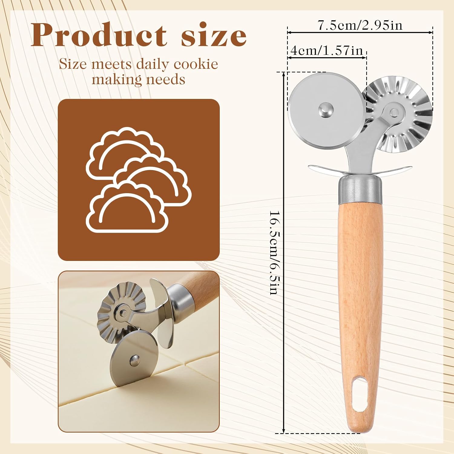 Double Wheel Pastry Cutter with Premium Wooden Handle, Stainless Steel Dual-Head Ravioli & Pasta Cutter for Pizza, Cookies, and Pasta, Multipurpose Baking Tool for Kitchen