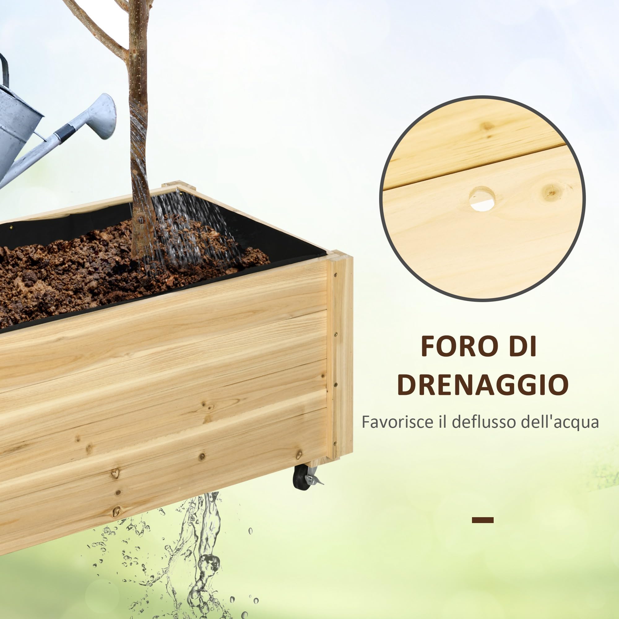 Outsunny Fioriera da Giardino con Foro di Drenaggio e Fodera di Tessuto non Tessuto, Fioriera in Legno di Abete con Rotelle, 89x48x47 cm, color Legno