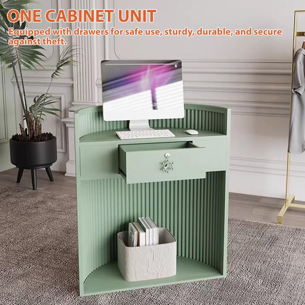 Moderno escritorio de recepción semicircular con cajones con cerradura, mesa de bienvenida de acero al carbono para oficinas, hogares y salones, elegante recepción de banco rosa