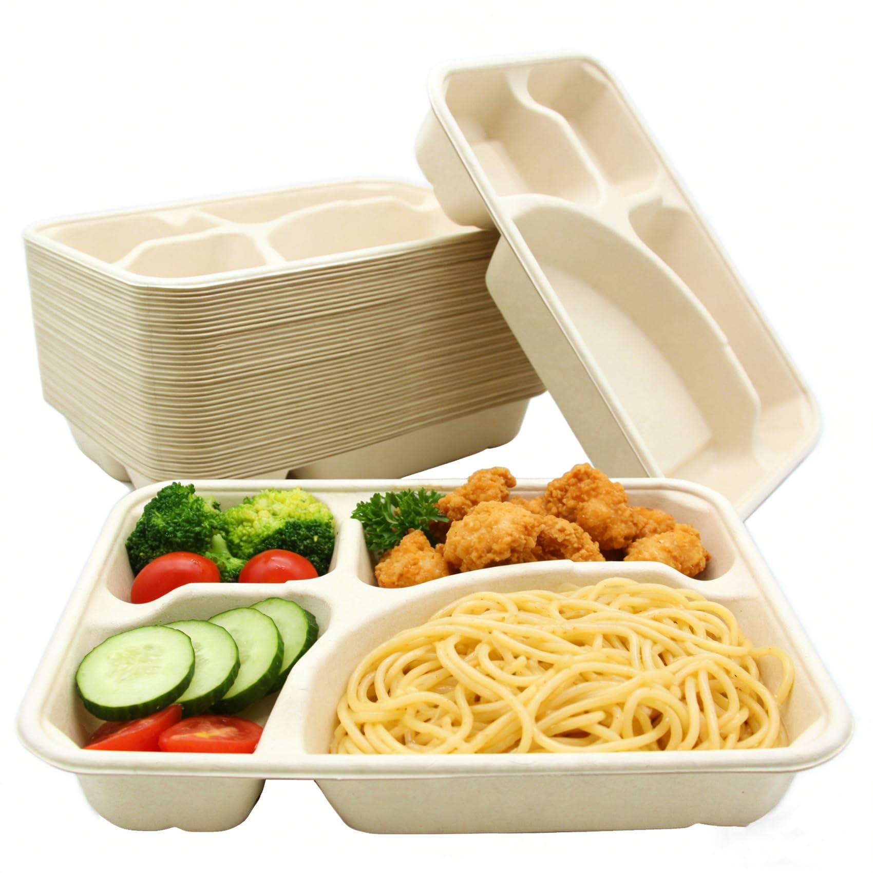Paquete de 50 platos de papel compostables, plato de compartimento de caña de azúcar resistente, bandeja dividida apta para microondas para adultos, para preparación de comidas, bufés
