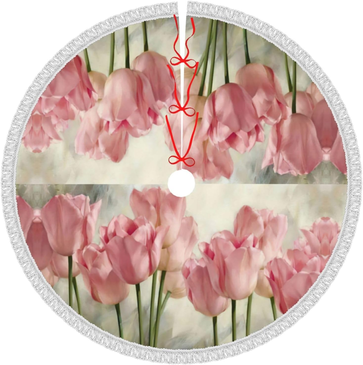 Pink Tulip Print Christmas Tree Skirt Farmhouse Christmas Tree Skirts