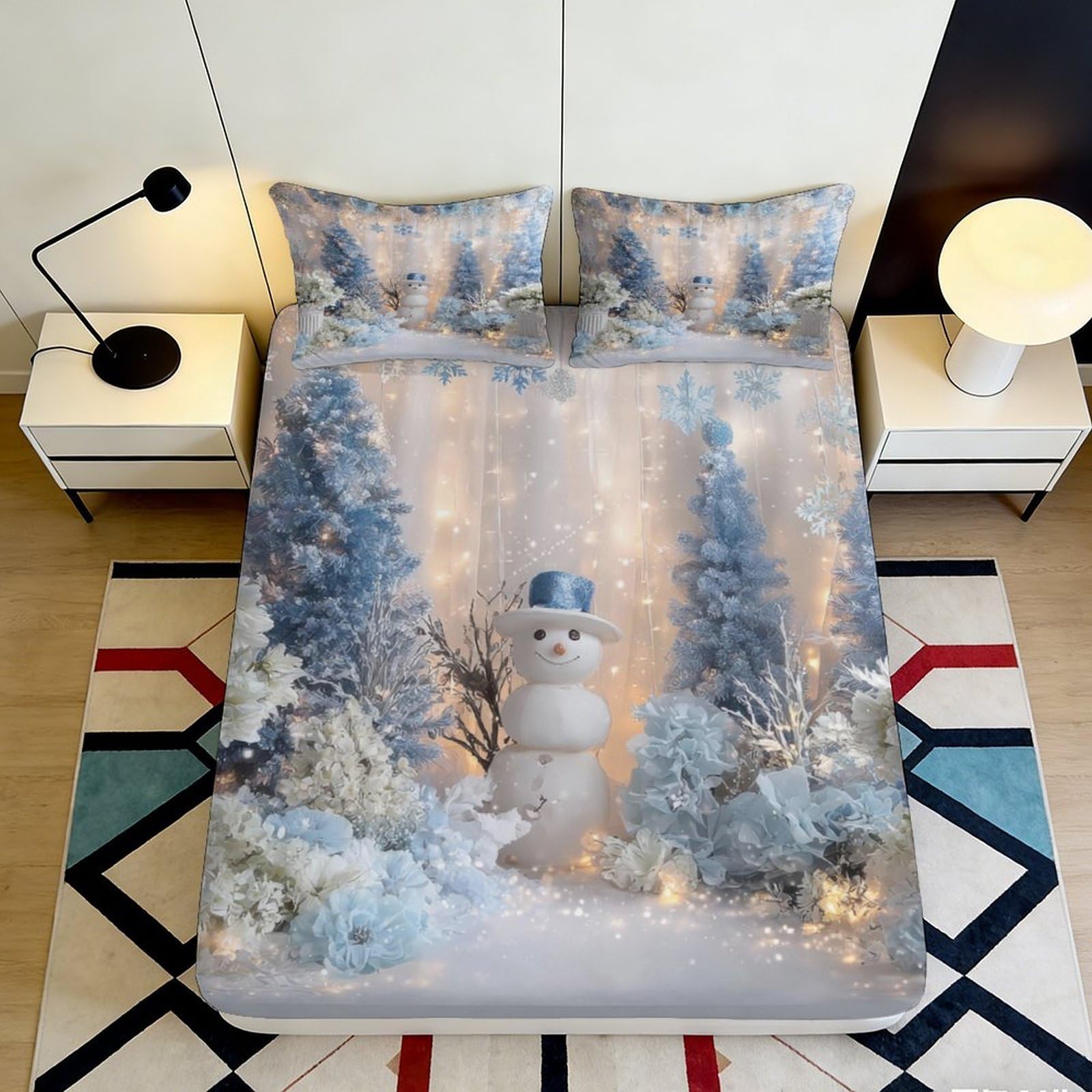 Jqzkxnhpbr Style-2 3D Printed Snowy Forest Fitted Sheet Microfiber Soft Winter Snowman Bed Cover For Bedroom Guest Room Decor 90X200x25cm