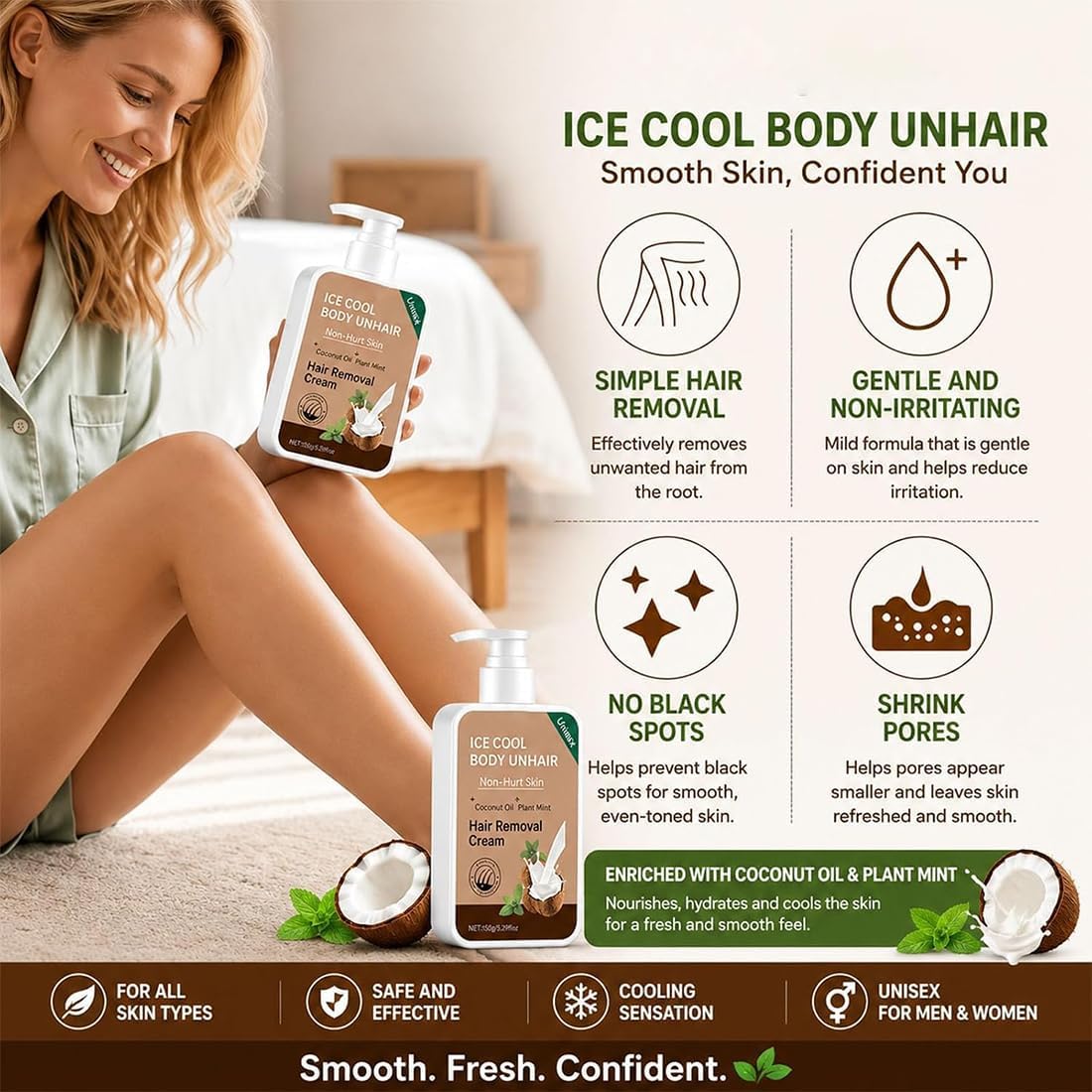 Crema depilatoria Ice Cool Body, crema depilatoria per corpo e viso, creme depilatorie delicate e indolori, azione rapida per gambe, braccia, ascelle e zona bikini (3pcs)