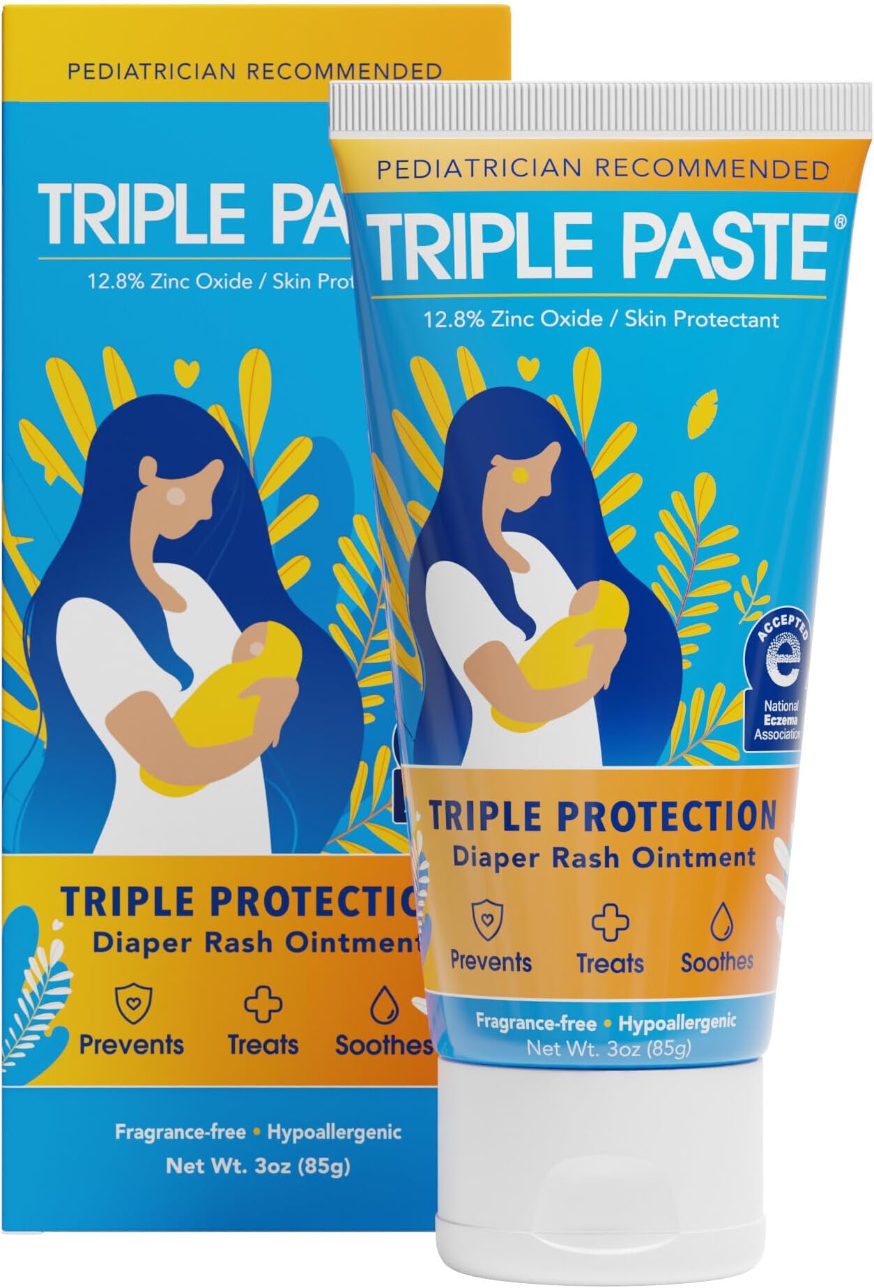 Triple Paste Diaper Rash Cream for Baby - 3 oz Tube - Zinc Oxide Ointment Treats, Soothes and Prevents Diaper Rash - Pediatrician-Recommended Hypoallergenic Formula with Soothing Botanicals