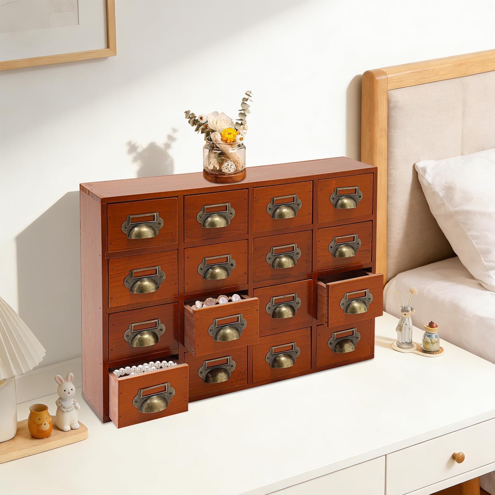 Schreibtisch Organizer 16 Schubladen Aus Holz, Kommode Mit Schubladen Für Schreibtisch & Büro, Organizer Schublade 50x10x35cm Mit Muschelgriff Für Kosmetik & Schmuck