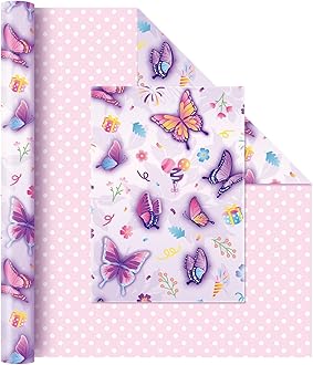 WERNNSAI Butterfly Wrapping Paper -1 Roll 17” x 33 ft Reversible Birthday Wrapping Paper Roll Butterfly Birthday Gift Wrap Paper Kids Wrapping Paper Roll Girls Purple Gift Wrap Paper Polka Dot Design