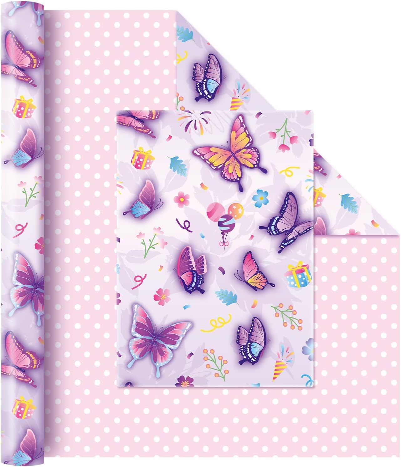 WERNNSAI Butterfly Wrapping Paper -1 Roll 17” x 33 ft Reversible Birthday Wrapping Paper Roll Butterfly Birthday Gift Wrap Paper Kids Wrapping Paper Roll Girls Purple Gift Wrap Paper Polka Dot Design