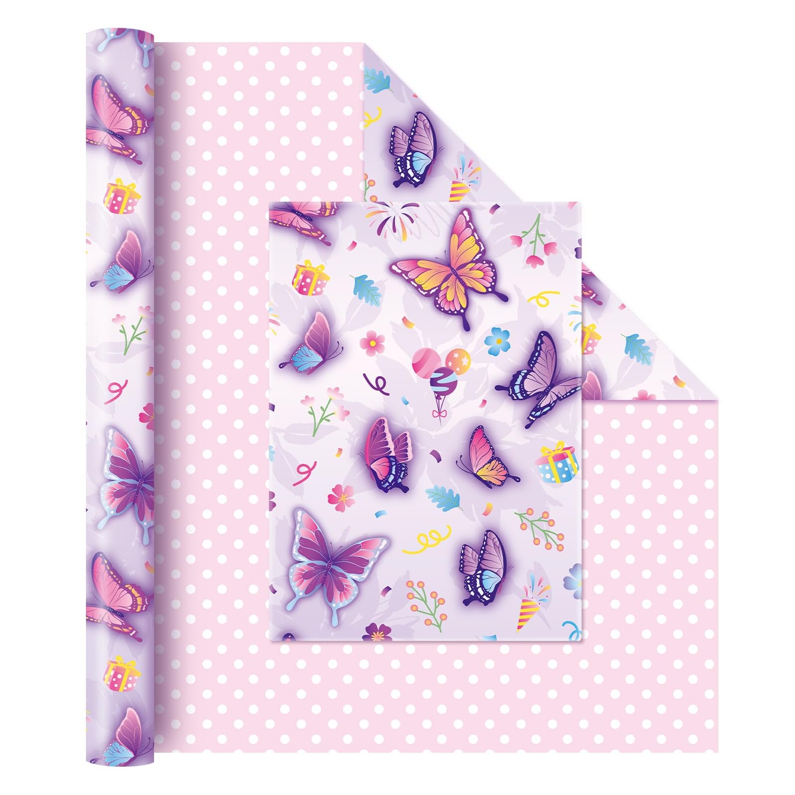 WERNNSAI Butterfly Wrapping Paper -1 Roll 17” x 33 ft Reversible Birthday Wrapping Paper Roll Butterfly Birthday Gift Wrap Paper Kids Wrapping Paper Roll Girls Purple Gift Wrap Paper Polka Dot Design