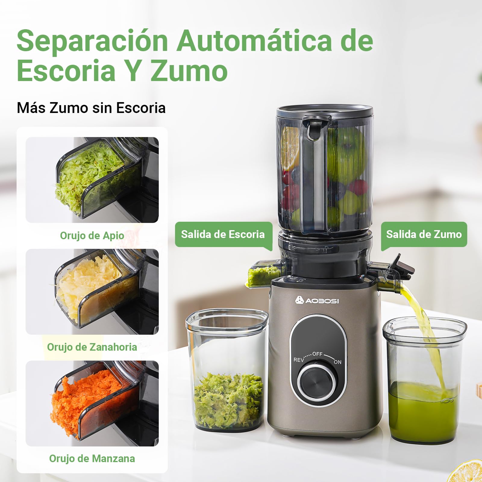 AAOBOSI Extractor de Zumos y Verduras, Slow Juicer 110MM de Gran Apertur, Fácil De Limpiar, con función de masticación inversa, sin BPA, Apto para Frutas y Verduras, Con 2 Tazas y Cepillo