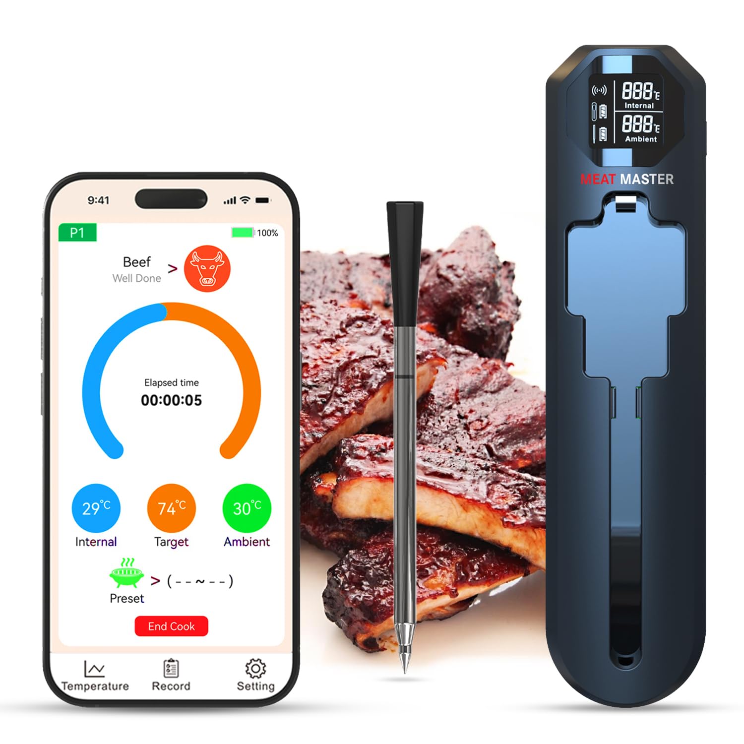 Wireless Bluetooth Meat Thermometer for Grill, Smoker, BBQ, Oven – 820ft Range, Digital Instant Read Cooking Probe for Steak, Turkey – Smart App Control, High Accuracy, Single Probe