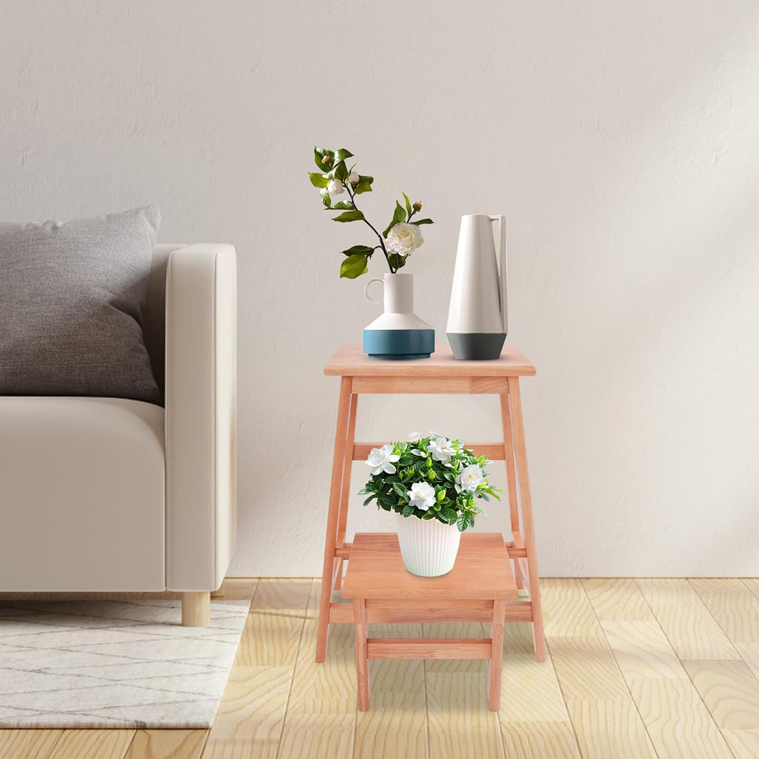 2 Tier Folding Step Stool, Multi-Purpose Foldable Wood Step Ladder, 2-in-1 Foot Stool Display Storage Shelf，Solid Wood Ladder for Adults & Kids 220lbs, Closet, Library, Bedroom, Kitchen (Log Color)