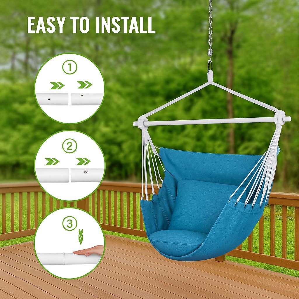 Backyard Expressions Hanging Hammock Chair Swing with Cushions & Hanging Kit – 500 lb Capacity, Cotton Blend Fabric, for Indoor/Outdoor Use – Includes Chain, Hooks & Spring – 5 Colors - Image 2