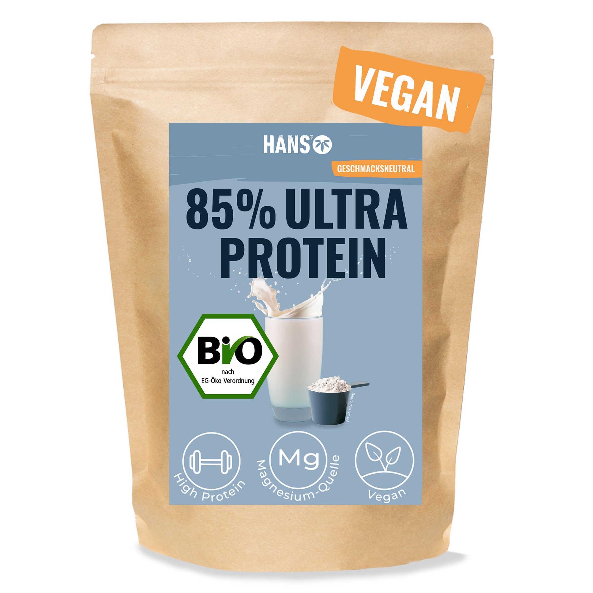 HANS Brainfood Veganes Proteinpulver neutral - Bio Zertifiziert aus Bayern - 85% pflanzliches Eiweißpulver aus Erbse, Reis & Hanfprotein - Ohne Süßungsmittel - Cremig & gut löslich, 1Kg