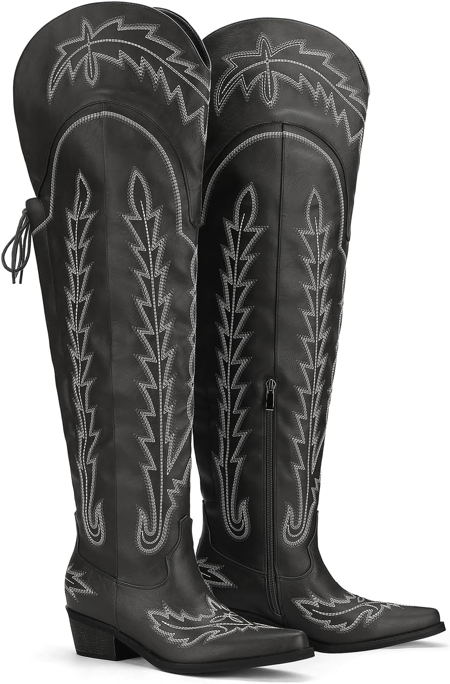Thigh High Cowboy Boots with Lace Up Wide Calf Over The Knee Cowgirl Boot for Women Embroidered Western Tall Boots with Side Zipper and Chunky Heel