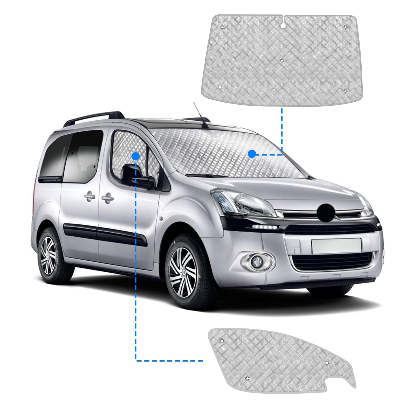 Parasoles Termicos para Peugeot Partner Citroen Berlingo2008-2018 | 3PCS, Plegable, Parasol Paraguas Funda para Parabrisas para Camper Privacidad y Control de Temperatura