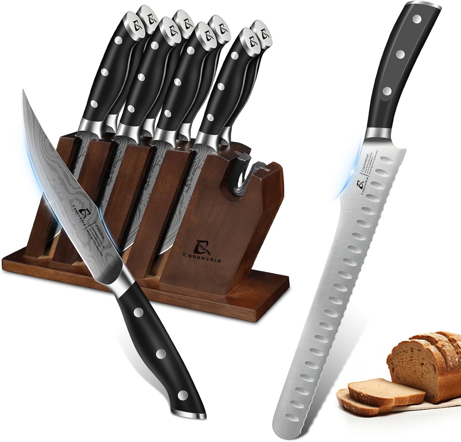 Bread Knife for Homemade Bread+Steak Knives Set of 8 with Block