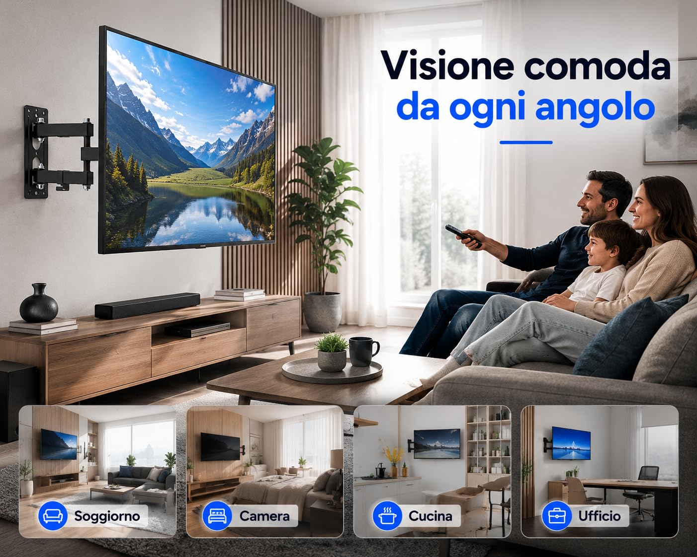 Supporto TV Parete 32-55 Pollici, Staffa TV Girevole ±90° e Inclinabile +3°/-10°, Braccio Estensibile 56-378 mm, VESA 100x100/200x100/200x200, Portata 30 kg, Nero