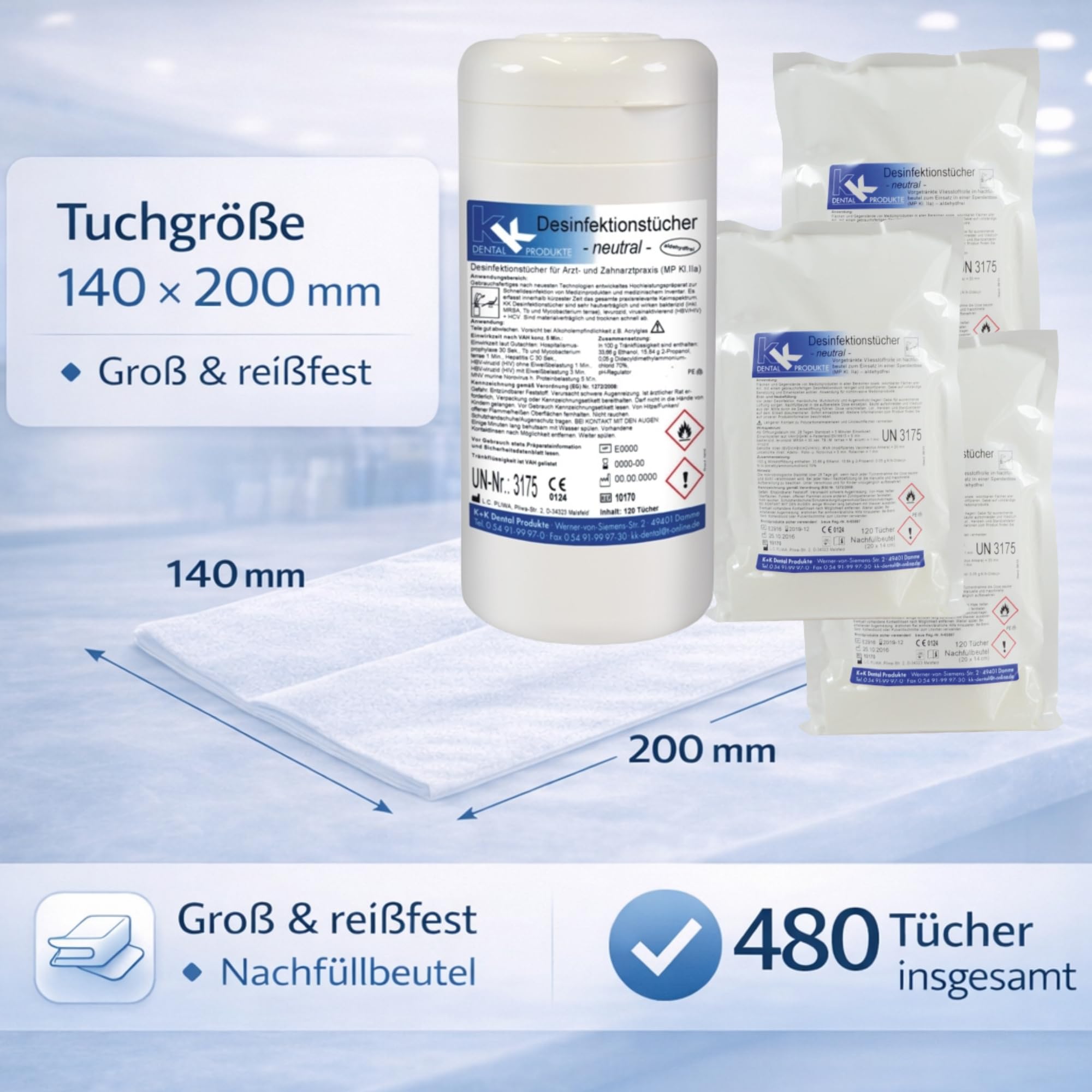 KK Desinfektionstücher Set, praktische Spenderdose mit 120 Desinfektionstüchern und 3 Nachfüllbeutel mit 120 gebrauchsfertigen Tüchern, Duftsorte: Neutral, Flächendesinfektionsmittel