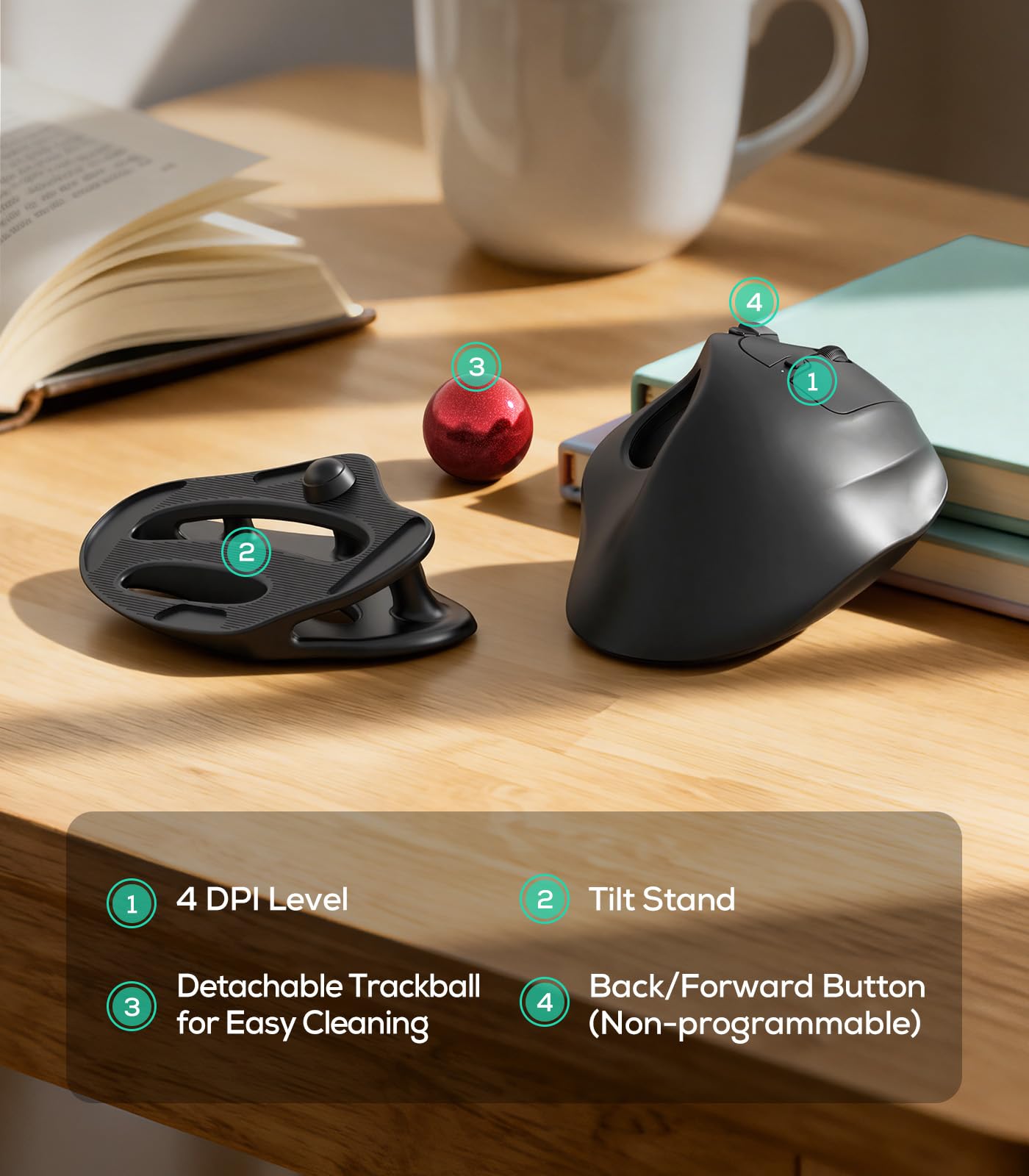 Nulea Souris trackball sans Fil M511, Souris Ergonomique Rechargeable à Commande Pouce avec Support d'inclinaison, Suivi Lisse et précis, Connexion de 3 appareils (récepteur Bluetooth ou USB) - Rouge