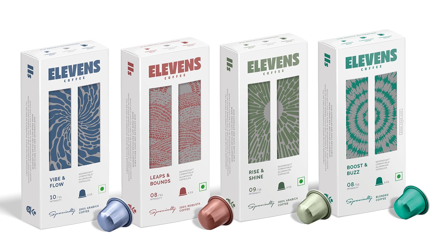 ELEVENS COFFEE | Speciality Variety Pack | Coffee Capsules | 100% Arabica & Robusta | 44 Aluminium Coffee Pods (11 x 4 Flavours) | Dark Roast | Intensity 8–10 | Compatible with Nespresso