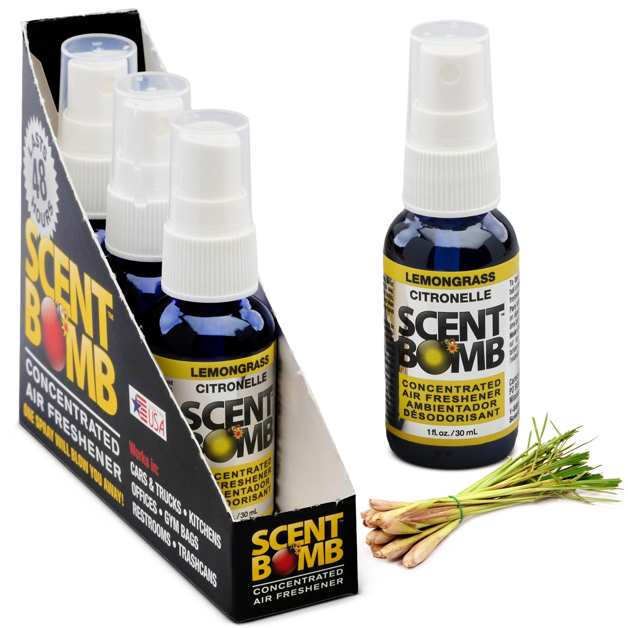 Scent Bomb Air Freshener Spray, Long-Lasting Odor Eliminator - Effective Deodorizer for Home & Car, Fresh Room Spray for Kitchen, Bathroom & Smell Neutralizer - 1 oz Pack of 4, Lemongrass Scent
