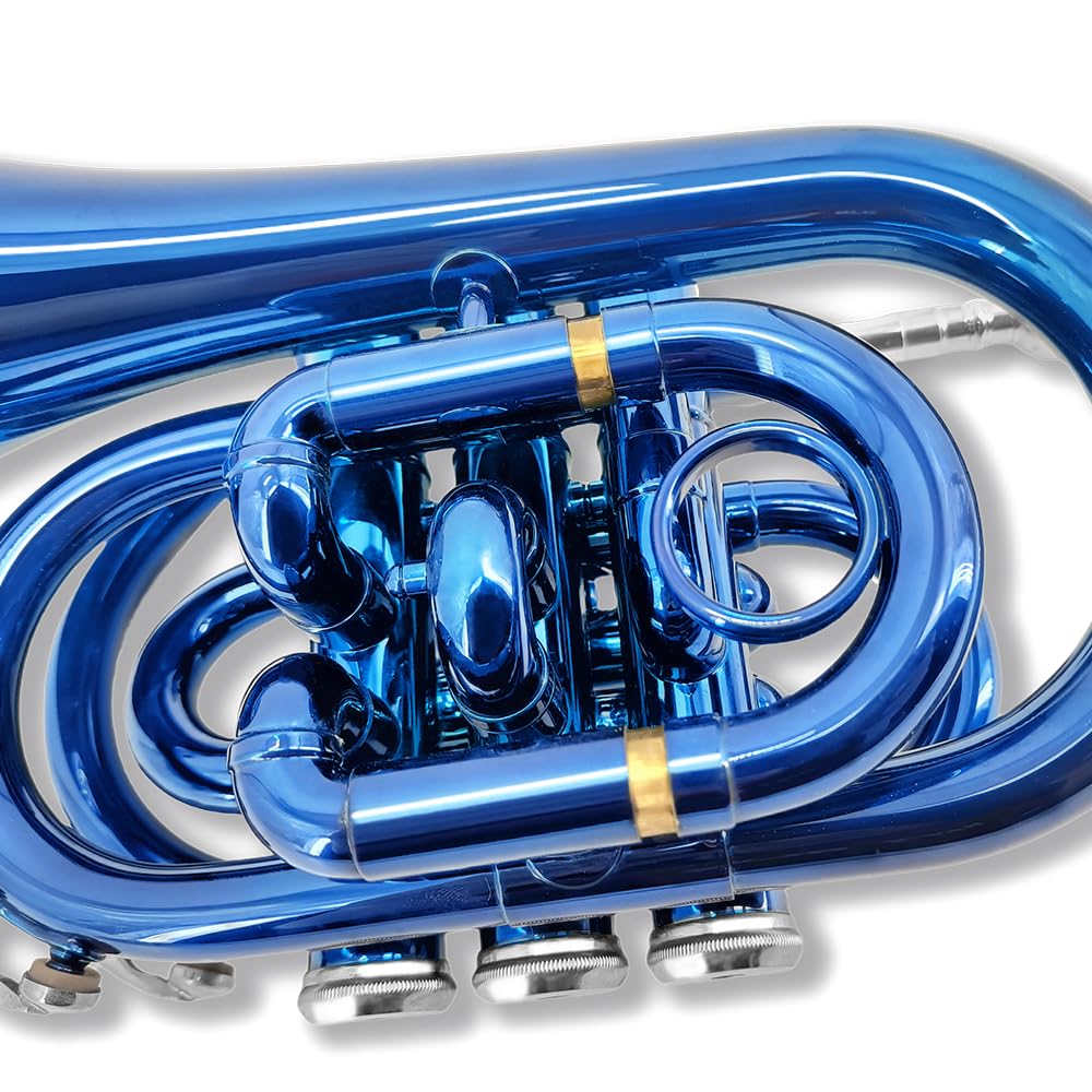 Tromba tascabile professionale in ottone, finitura laccata, con custodia per il trasporto e accessori per la pulizia per principianti e musicisti (blu)