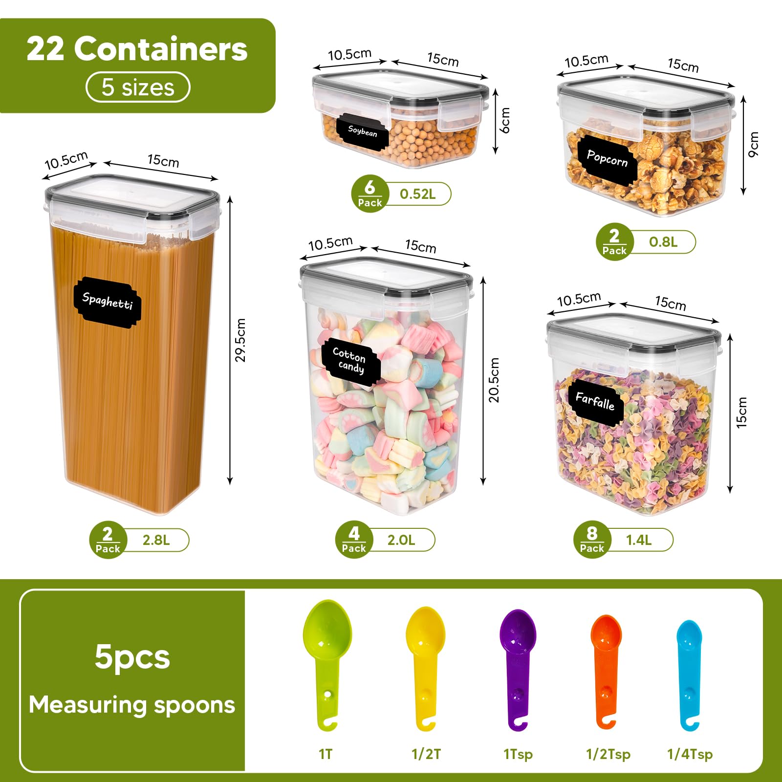22 Pezzi Contenitori Ermetici per alimenti,Contenitore Plastica con Coperchio per Alimenti Denza BPA,Set Contenitori per Alimenti per Cereali,Pasta,Riso e Caffè