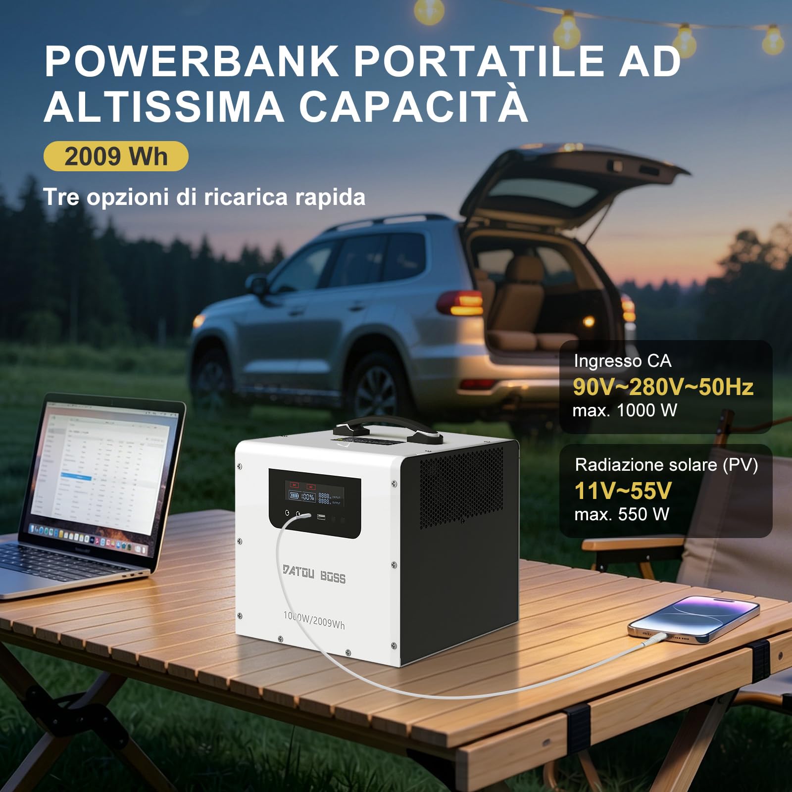Stazione di Energia Portatile 2009,6Wh, Potenza Nominale 1000W Picco 1500W, Batteria LiFePO4 8000 Cicli, Ricarica Solare MPPT 550W, Onda Sinusoidale Pura per Campeggio, Camper e Emergenze Domestiche