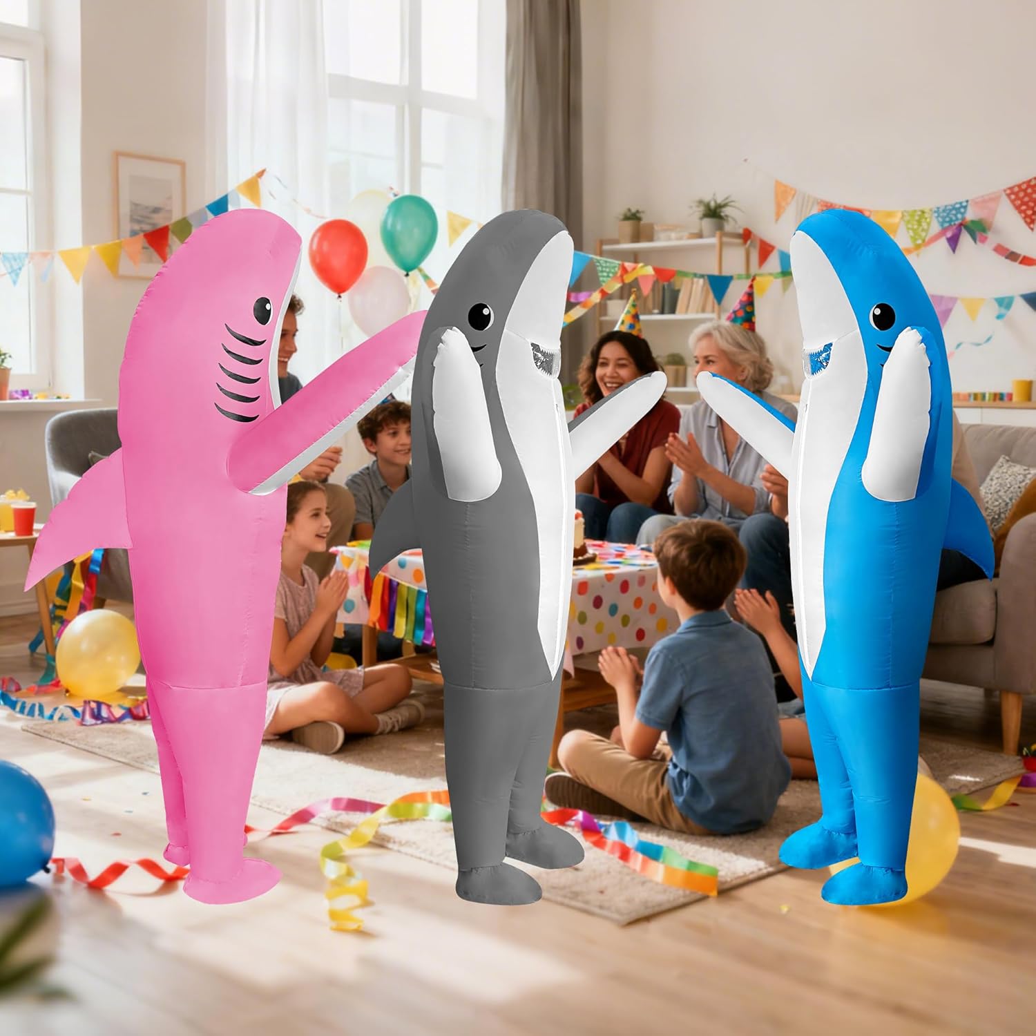 3 Packs Funny Inflatable Shark Costume Air Blow up Jumpsuit Fancy Dress for Adults Cosplay Party, Halloween, Christmas, Carnival, Blue, Pink, Gray