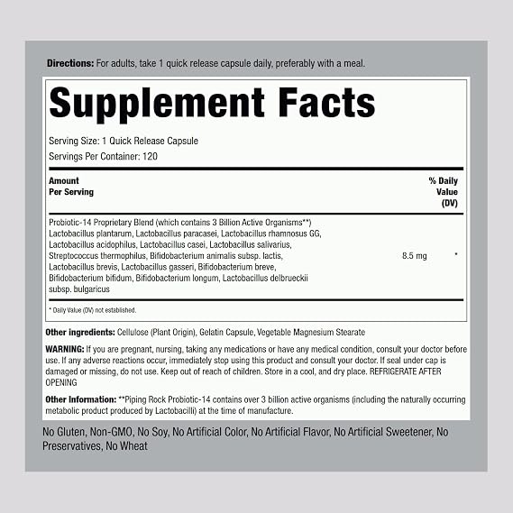 Piping Rock Probiotic Acidophilus Capsules for Women and Men | 3 Billion Live Cultures | 120 Pills | 14 Strains Supplement | Non-GMO, Gluten Free