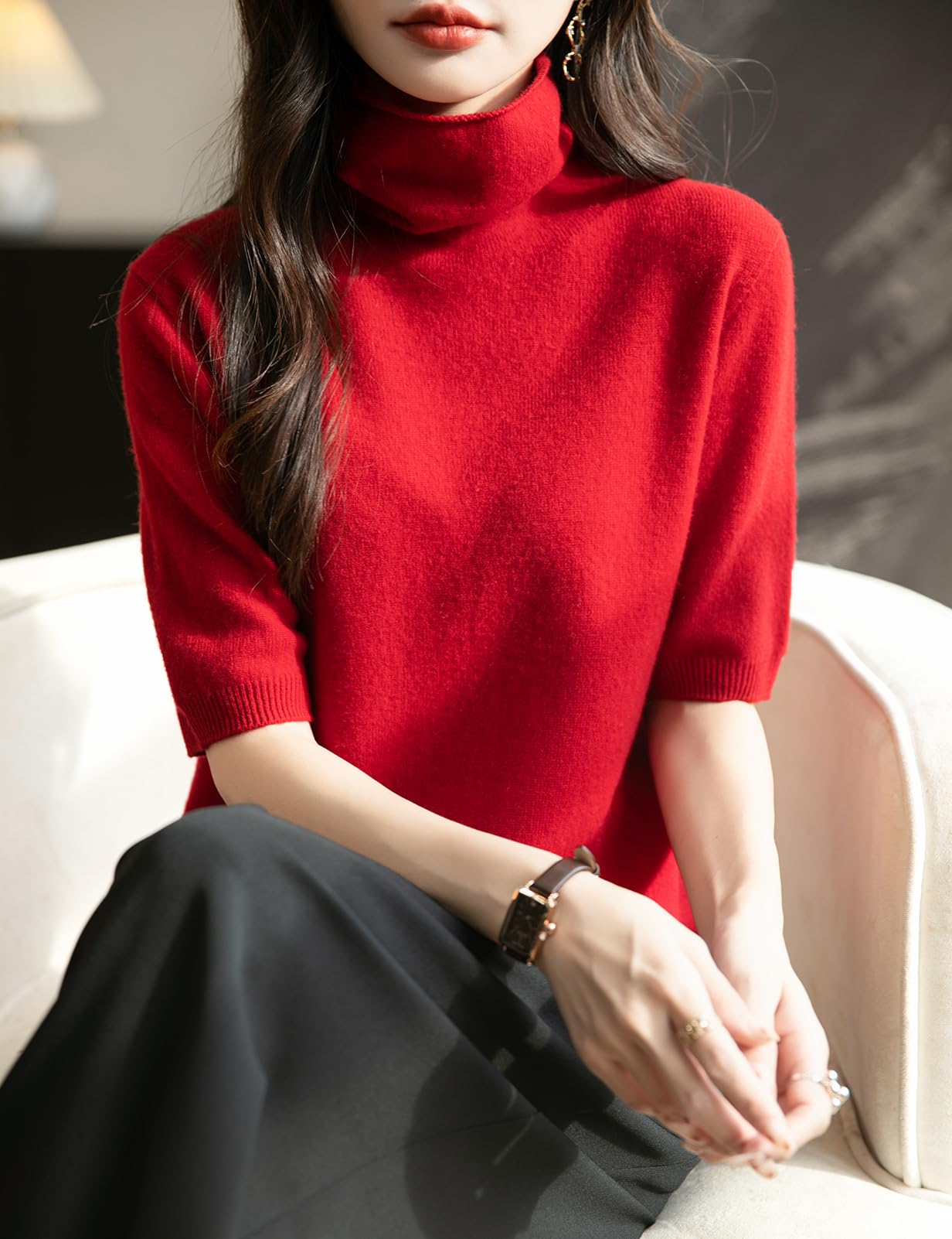 Chanyarn Femme 100% Lain Merino Manches Courtes Pull Col Roulé 2025 Printemps Été Hiver Doux Léger sans Couture Tricot Pull