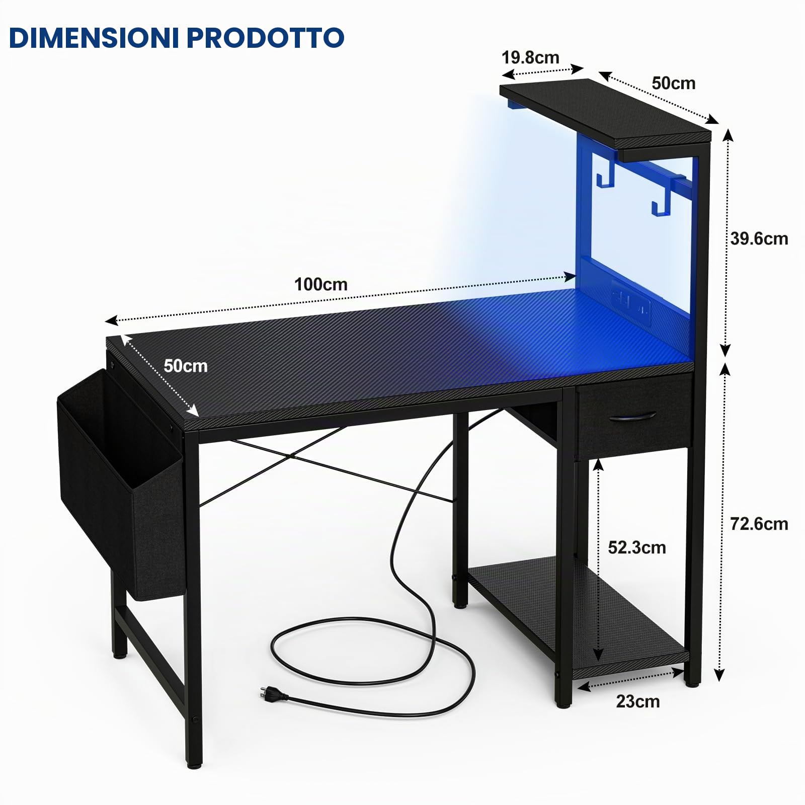 Grandder Scrivania Gaming 100x50cm con Presa di Corrente e Luci LED, Tavolo per PC Compatto con Ripiani Reversibili e Cassetto, Scrivania per Ufficio e Casa con Borsa Portaoggetti, Nero