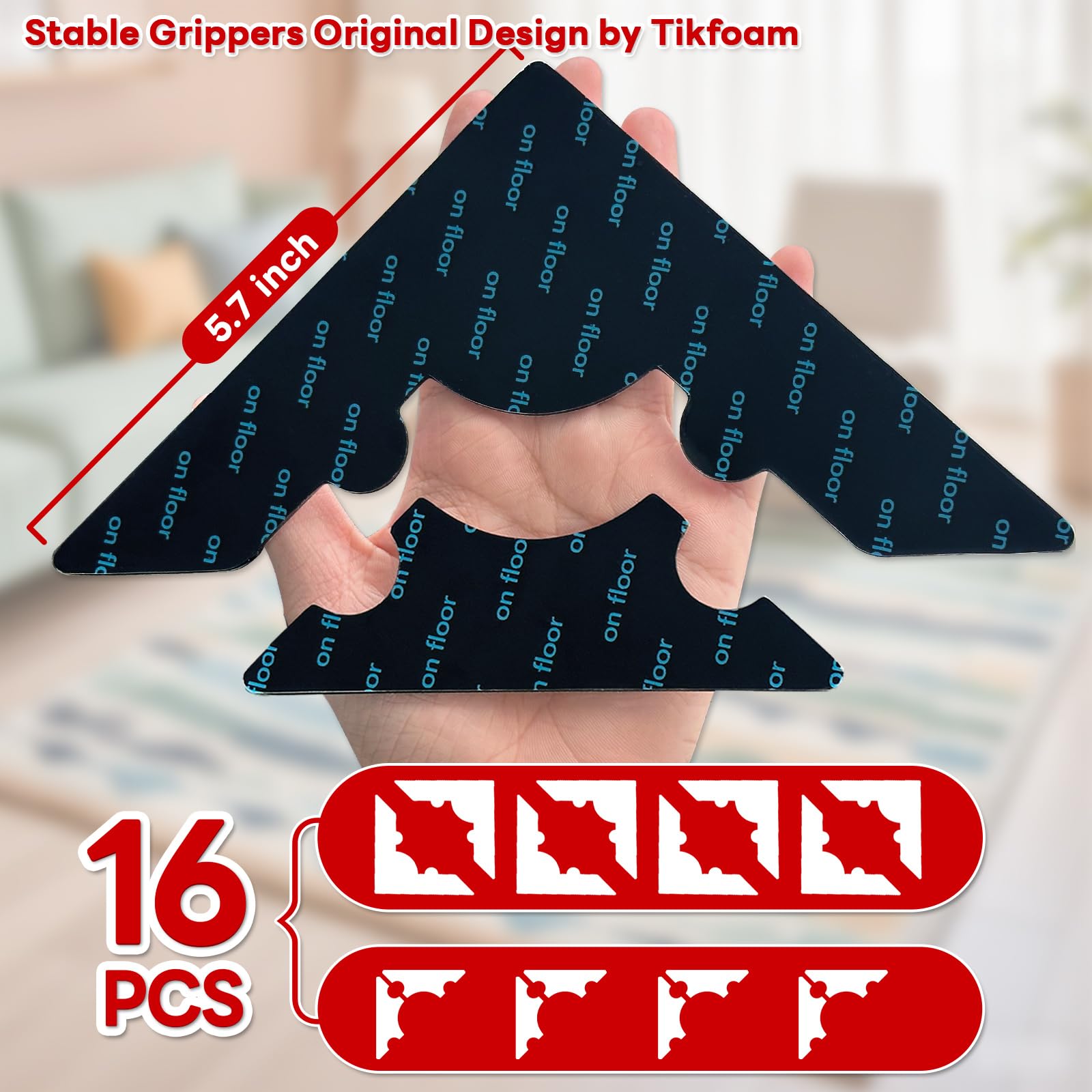 Rug Non Slip Grippers, Reusable Keep Rug Corner Down Tape Pads for Hardwood Floors, Strong Carpet Gripper for Area Rugs, No Damaging for Floor, 16Pcs