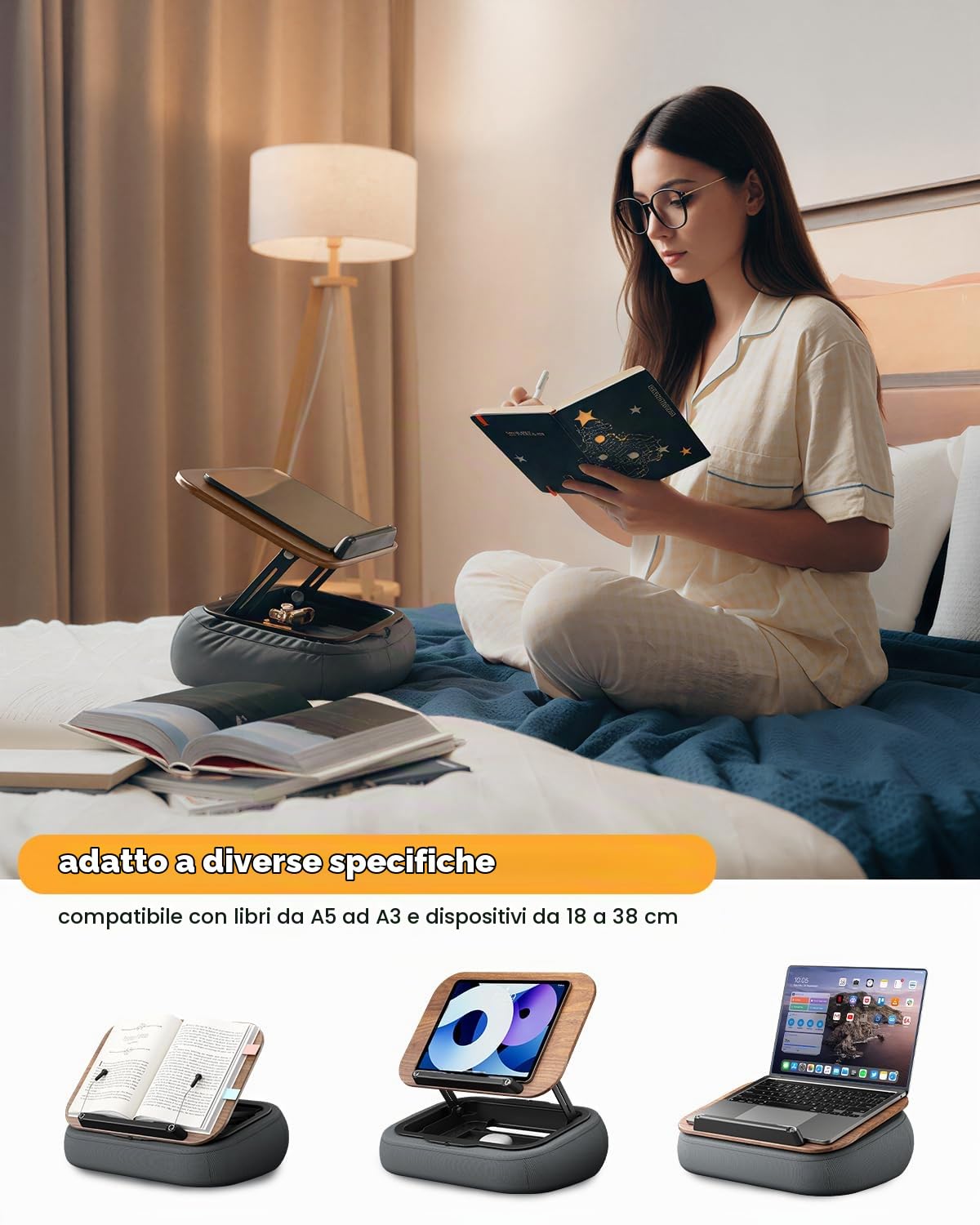 SupeDesk Supporto per libri da leggere, regolabile, per divano, letto, scrivania, morbido cuscino da lettura con clip laterale e spazio di archiviazione, pieghevole, a mani libere, essenziale per gli