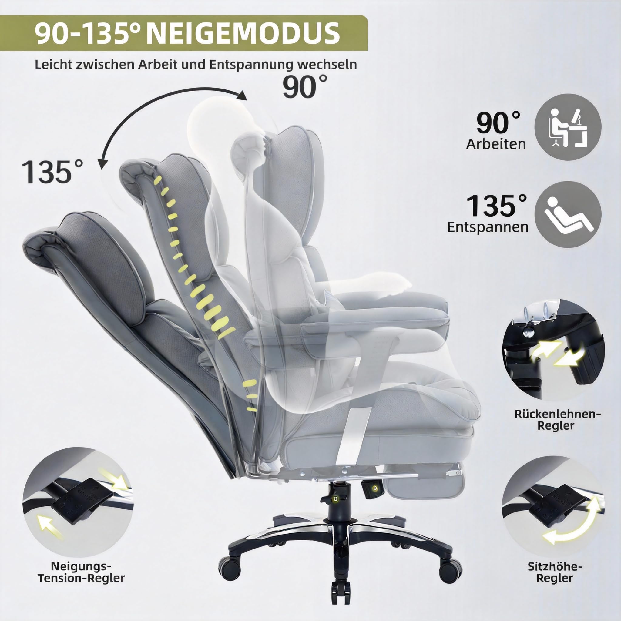 Efomao Bürostuhl, Ergonomischer Gaming Stuhl mit Kopfstütze-Design (X X), Gamer Sessel PU-Leder bis 200kg mit Fußstütze & Lendenkissen, Höhenverstellbarer Schreibtischstuhl