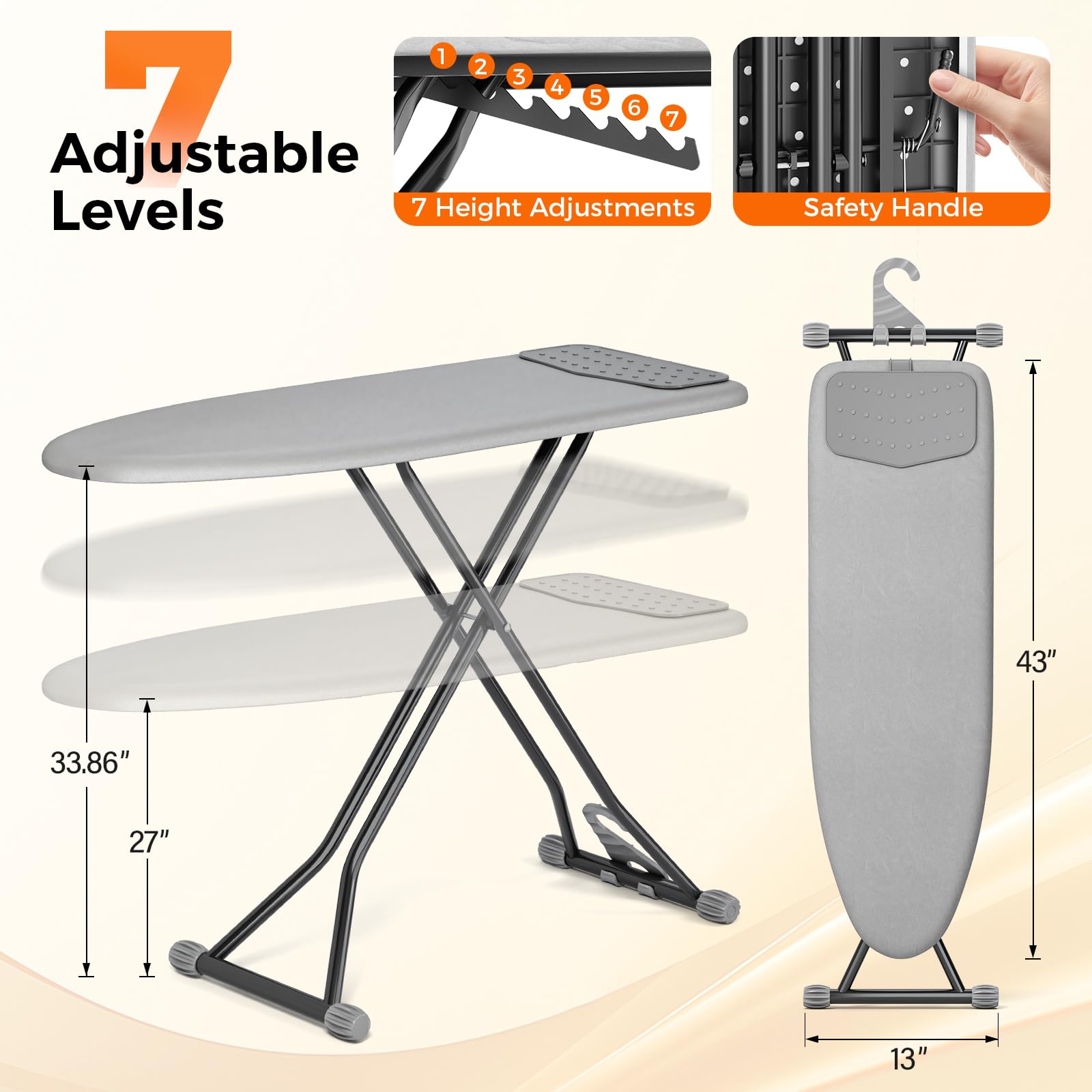 APEXCHASER Ironing Board, Compact Iron Board with Silicon Mat, Foldable Ironing Board with Heat Resistant Cover, 7 Height Adjustable, Space Saver Iron Board,13x43 Solid Grey