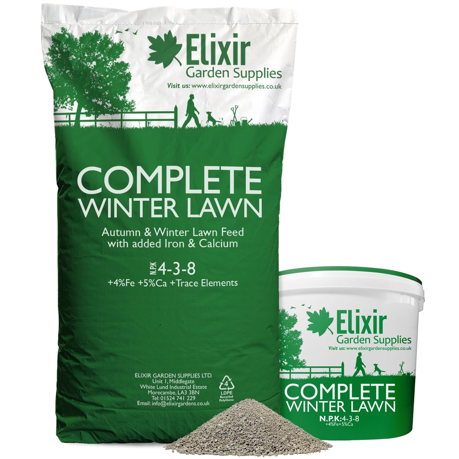 Elixir Gardens Complete Winter Lawn Premium Compund Fertiliser | Autumn & Winter Turf Feed Optimized for British Climate (N.P.K 4-3-8 + 4% Fe + 5% Ca) | 25kg Bag Treats up to 714 sq.m