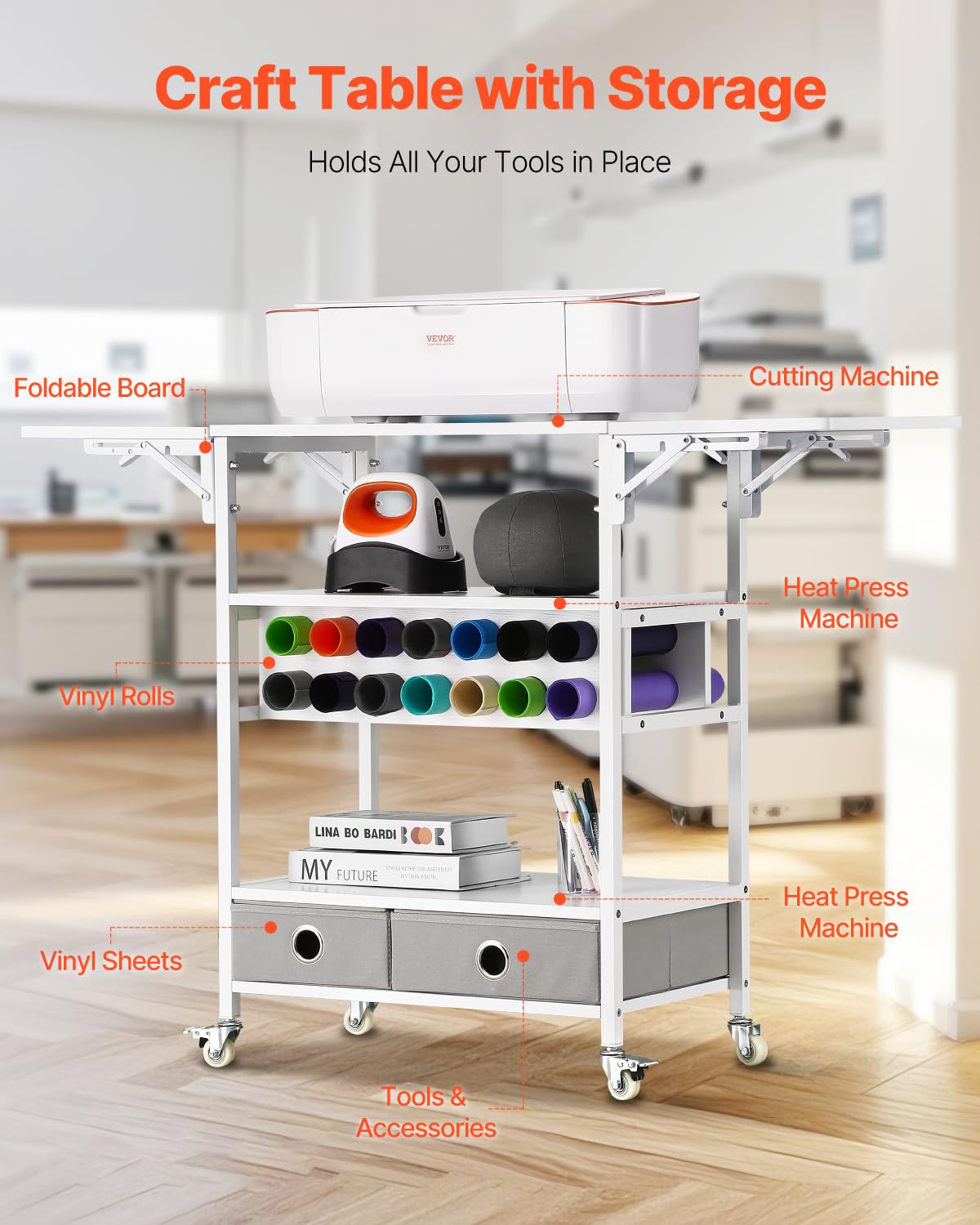 VEVOR Chariot de Rangement, Compatible avec les Plotters de Découpe, Table de Travail Artisanal, avec Côtés Pliables, Organisateur Mobile pour l'Artisanat avec 14 Porte-rouleaux de Vinyle et 2 Tiroirs