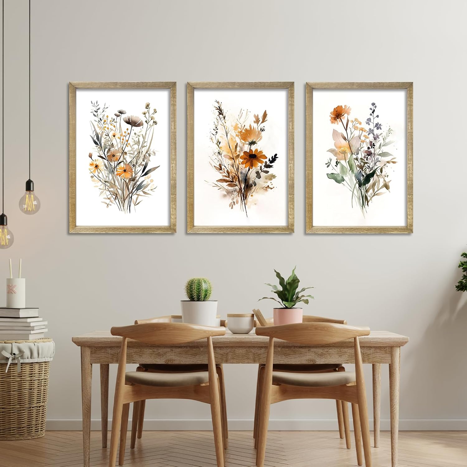 Set Of 3 Neutral Watercolor Wildflower Prints Wall Art Decor 16x24 Inch Floral Vintage Office Boho Botanical Sign Wooden Frame Modren Flower Bedroom Living Room Abstract Wall Hanging (Wood)