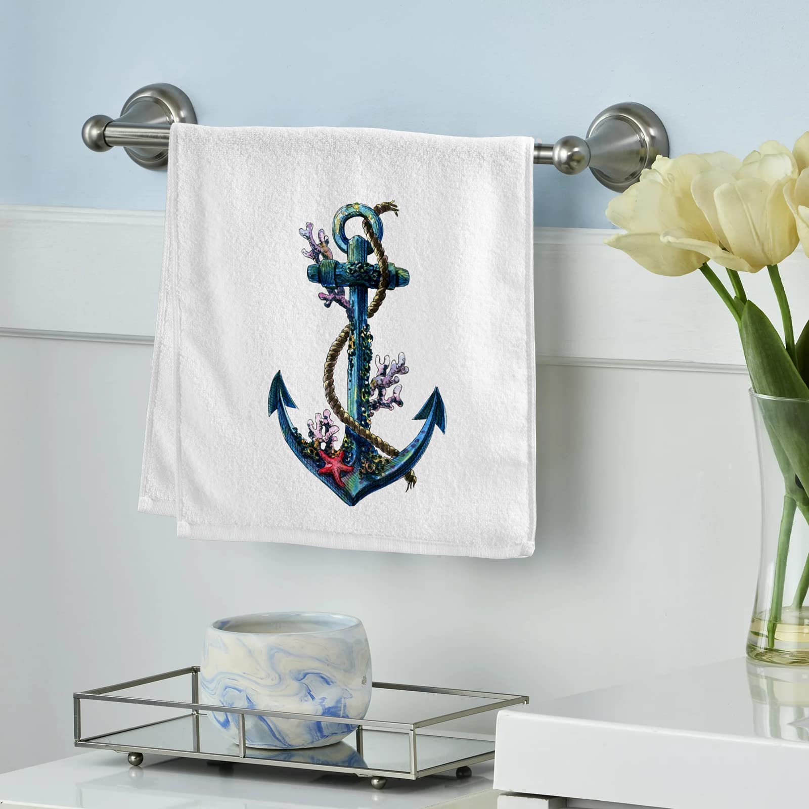 Ocean Nautical Anchor Hand Towels for Bathroom, Beach Coastal Fingertip Towel Face Towel, Cotton Soft Absorbent Decorative Bath Towels 15.5x29.5 inch,