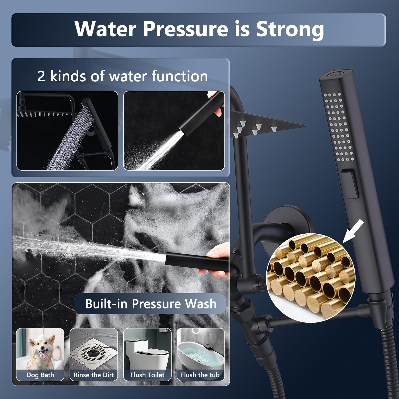 PDPBath Alcachofa de ducha de lluvia de metal de 12 pulgadas con pulverizador de mano, cabezal de ducha de lluvia de alta presión con brazo de extensión ajustable en forma de Z, manguera extra larga